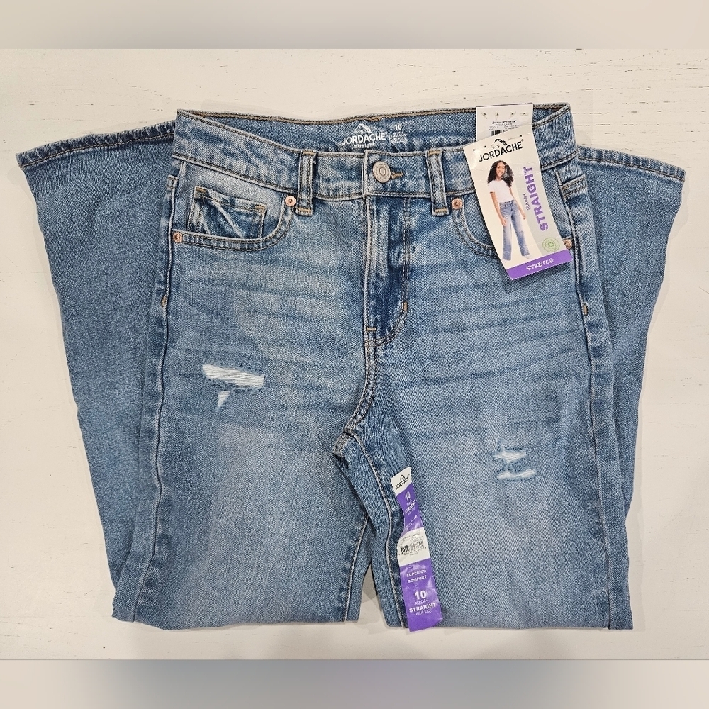 Jordache Medium Blue Baggy Straight Leg Jeans, Adjustable Waist. Size 10. New